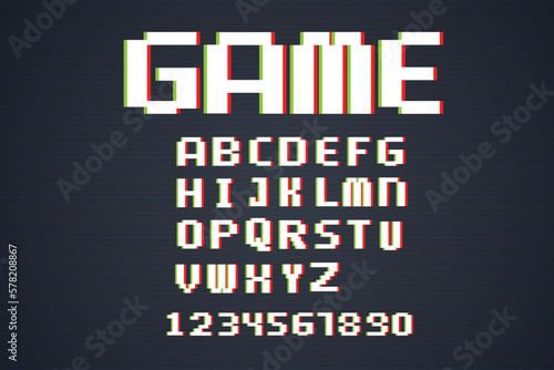 Pixel retro arcade game style font design, 8 bit alphabet photo