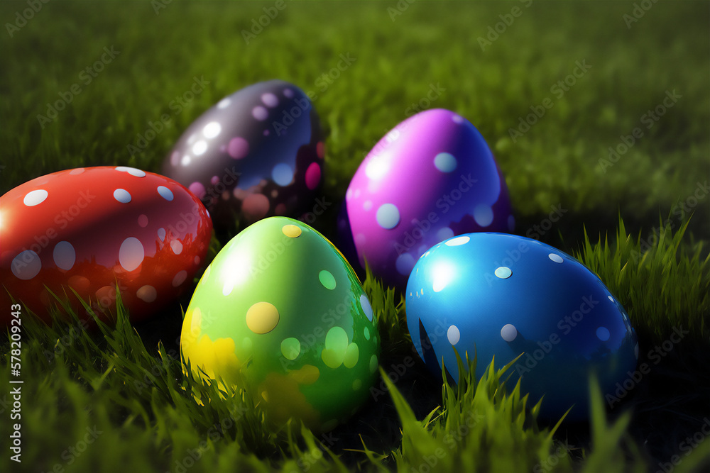 Colorful Easter Eggs on Grass, Macro Images