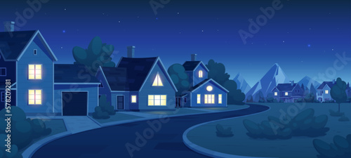 Empty suburban street with house at night landscape. Neighborhood residential house illustration dark background. Home in small town with stars in sky. Road through village and building in evening. photo