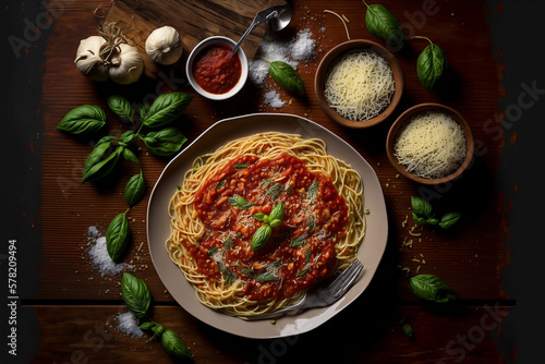 Delicious spaghetti served on a plate, generative ai