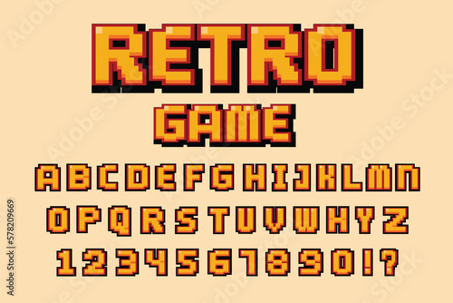 Retro font and numbers. Video computer game design 8 bit . Vector alphabet