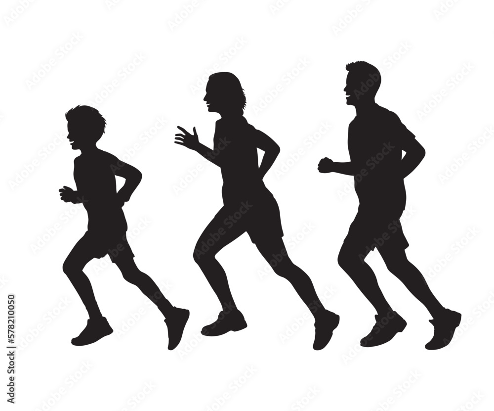 Family running together silhouette. Mother, father and son jogging outdoor on white background.