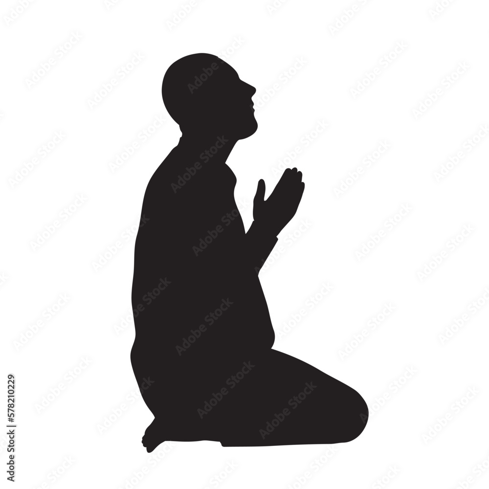 Muslim man praying silhouette on white background.