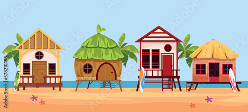 Vector illustration of beautiful tropical houses. Cartoon different tropical bungalows with palm trees, surfboards, starfish on the seashore. Huts on an exotic island in the ocean.