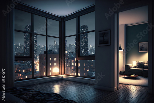 The Tranquil Atmosphere of a Nighttime Apartment Room, Generative AI
