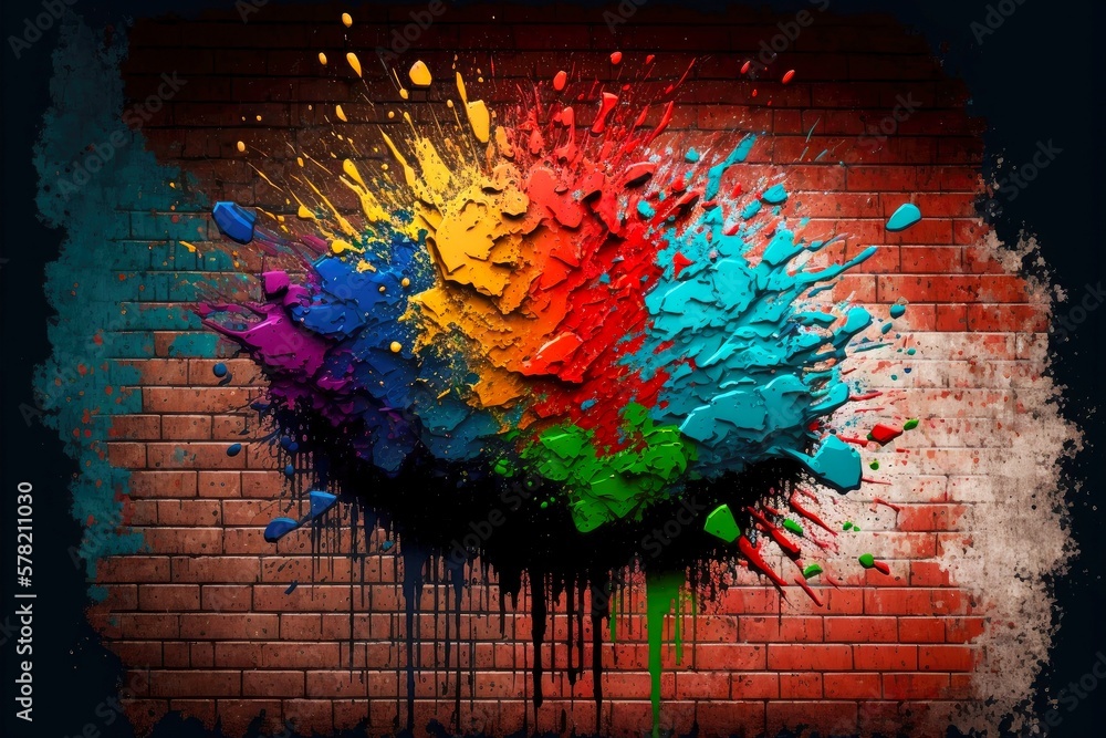 explosion of colorful paint on brick wall with splashes and oily stains