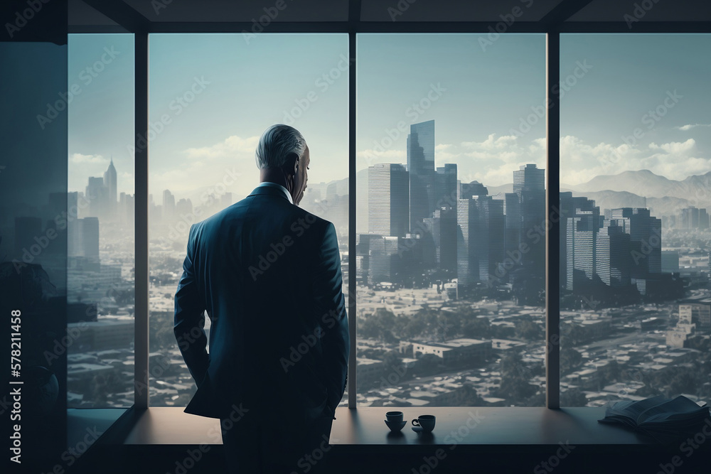 The Executive View: Businessman in Perfect Tailored Suit Strategizing for His e-Commerce Startup, Overlooking the Big City from His Office - Generative AI The Executive View: Businessman in Perfect Tailored Suit Strategizing for His e-Commerce Startup, Overlooking the Big City from His Office - Generative AI