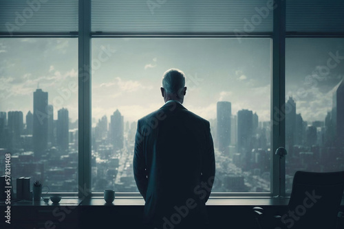 The Executive View: Businessman in Perfect Tailored Suit Strategizing for His e-Commerce Startup, Overlooking the Big City from His Office - Generative AI
