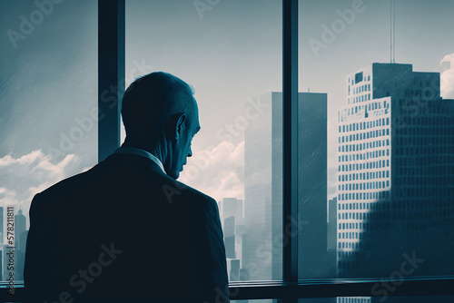 Investing in Success: Businessman in Perfect Tailored Suit, Planning e-Commerce Startup Strategy While Overlooking the Big City from His Office Window - Generative AI