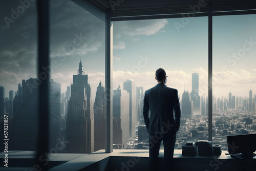 Investing in Success: Businessman in Perfect Tailored Suit, Planning e-Commerce Startup Strategy While Overlooking the Big City from His Office Window - Generative AI © jambulart
