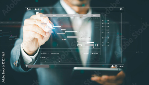 Scheduling activities with planning software, Project manager working with Gantt chart schedule to plan tasks and deliverables. Corporate strategy for finance, operations, sales, and marketing.