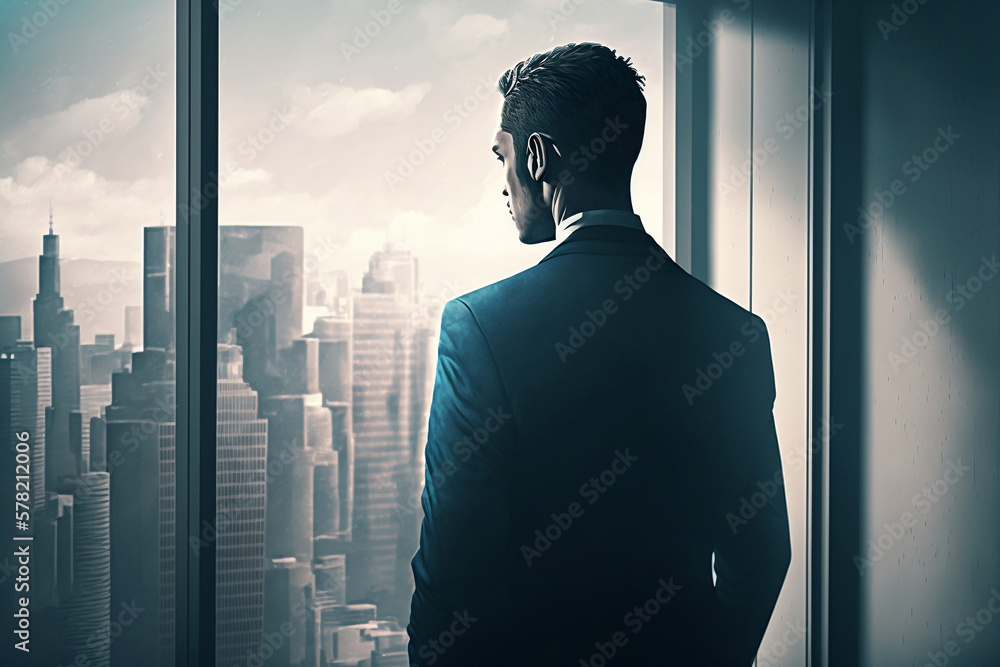 The Power Look of a Successful CEO: Businessman in Perfect Tailored Suit Gazing Over the Big City from His Office Window, Planning His e-Commerce Investment Strategy - Generative AI