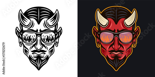 Devil in sunglasses that reflect flame. Vector illustration in two styles black on white and colorful on dark background