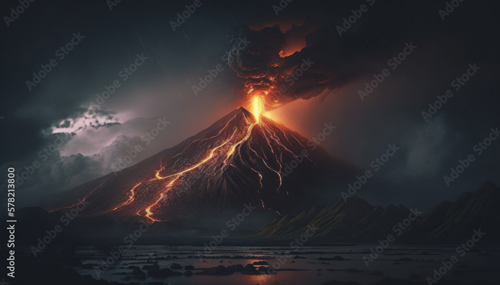 lava coming out of volcano, nature, landscape, mountain , dark sky Generative AI, Generativ, KI