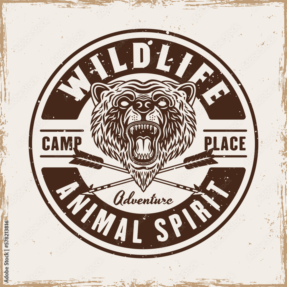 Obraz premium Bear vintage grunge style round emblem, badge, label or logo with headline wildlife vector illustration