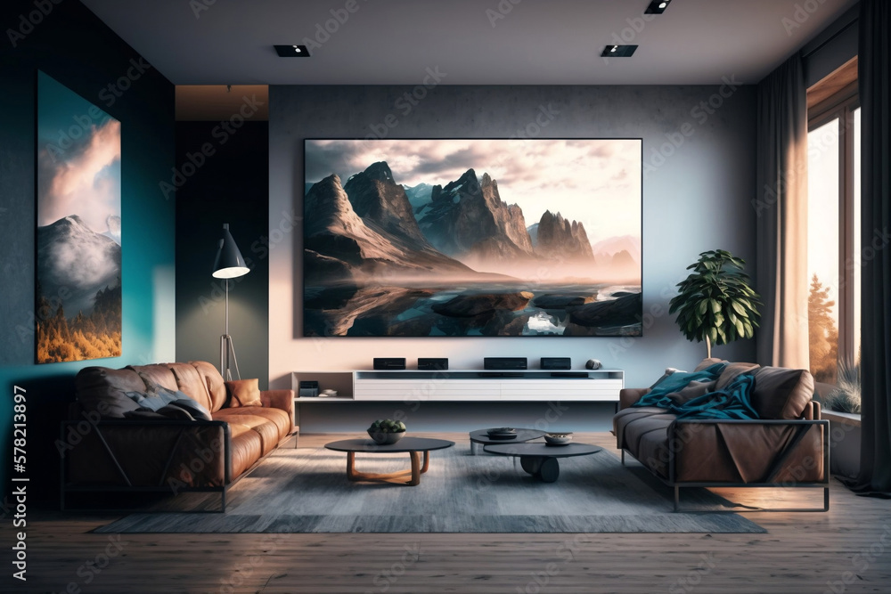 Fototapeta premium Transforming a Living Room into an Elegant Home Theater with a Big TV: Generative AI