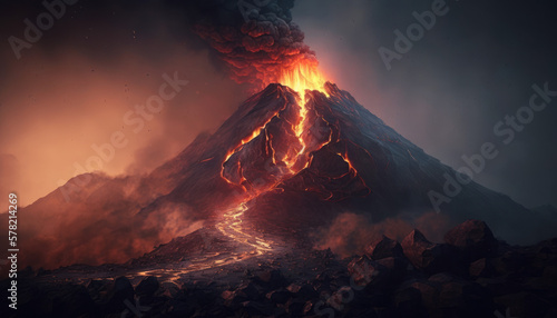 lava coming out of volcano, nature, landscape, mountain , dark sky Generative AI, Generativ, KI © KainzDesigns