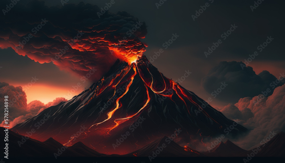 lava coming out of volcano, nature, landscape, mountain , dark sky Generative AI, Generativ, KI