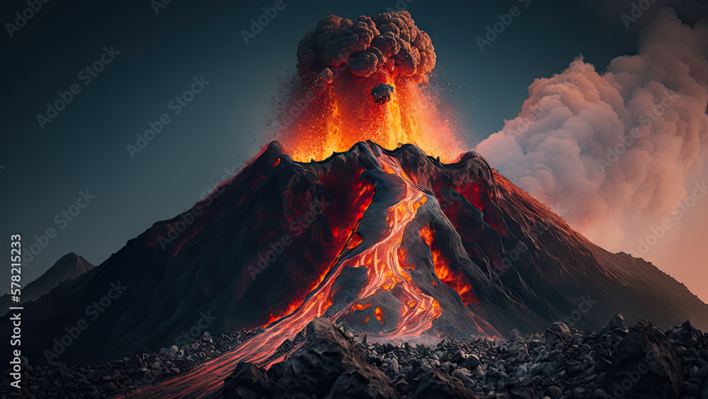 Volcano eruption landscape with magma, lava and explosion with smoke - Generative AI