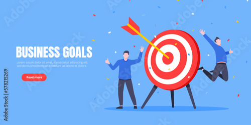 Goal achievement business concept sport target icon and arrow in the bullseye. Happy people jump in the air near giant target flat style design vector illustration.