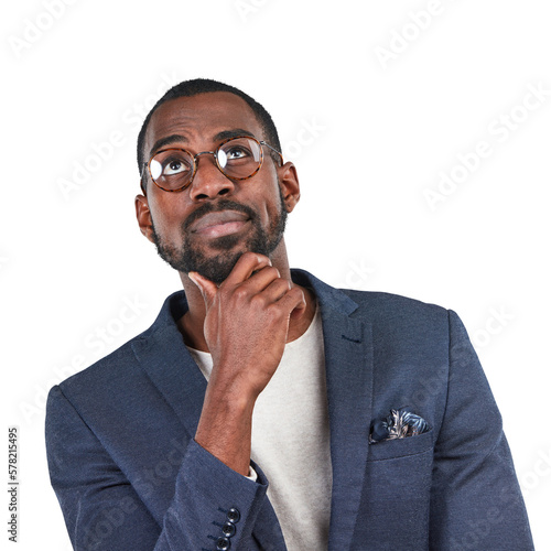 Obraz na plátně A forward-thinking professional, whether a businessman, worker or employee, wearing a curious expression as they brainstorm innovative ideas for the future isolated on a png background