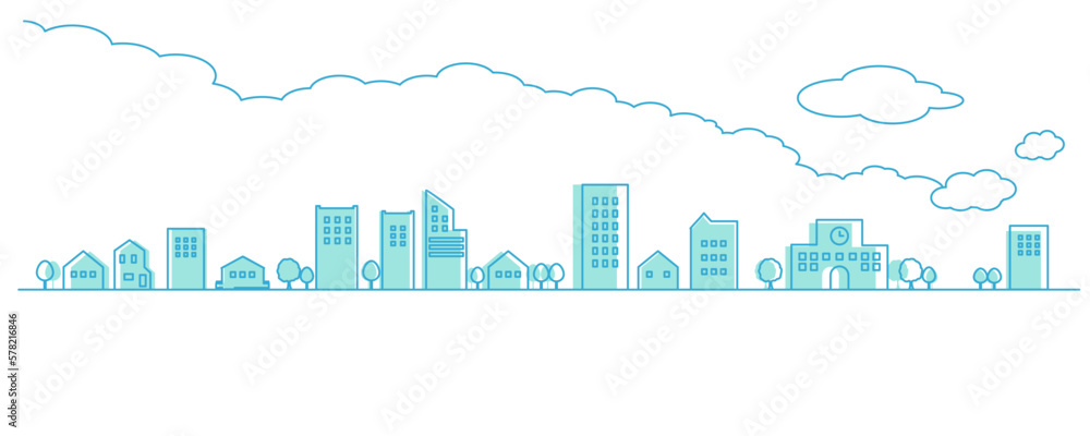 横長のシンプルな街並みと雲のシルエットイラスト　背景イラスト　都市景観　線画