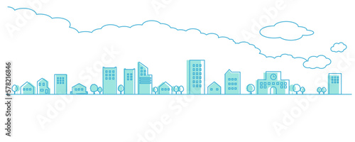 横長のシンプルな街並みと雲のシルエットイラスト　背景イラスト　都市景観　線画