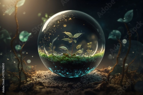 A Small Plant Seedling Encased Within a Crystal Ball Generative AI