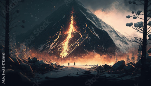 volcano eruption, smoke, nature, landscape, mountain, lava dark sky Generative AI, Generativ, KI