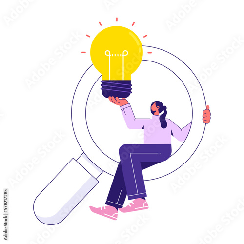 Find new ideas in business. New opportunity, idea or inspiration, innovation or creativity, woman with light bulb ideas sit on magnifying glass