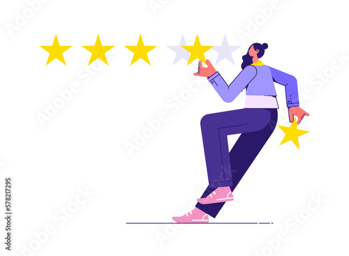 Woman characters giving five star feedback, customer review concepts. Reviews stars with good and bad rate