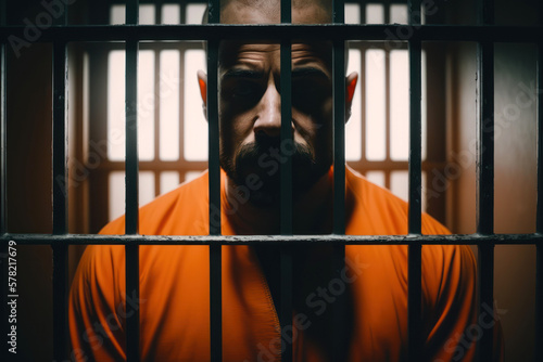 Fotobehang Prisoner behind bars in jail, generative ai