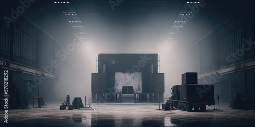 A Live stage production being built in a large live venue. Stage rigging equipment, and PA systems being carried in. Generative AI.  