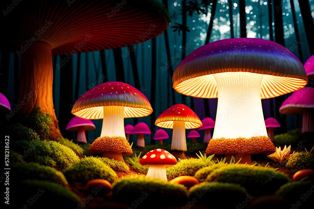 Magical mushrooms in the forest fantasy glowing landscape ai generated ...
