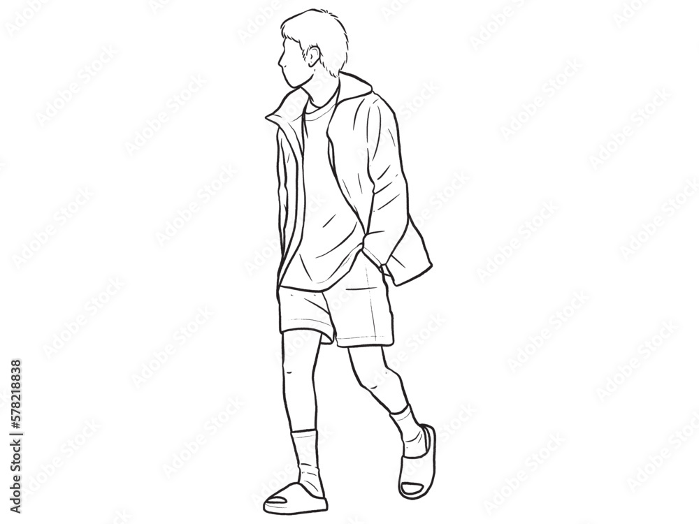 Man standing with his hands in his pants pocket line vector drawing. Minimalistic contour illustration. Man standing with his hands in his pants pocket line vector drawing. Minimalistic contour illustration.