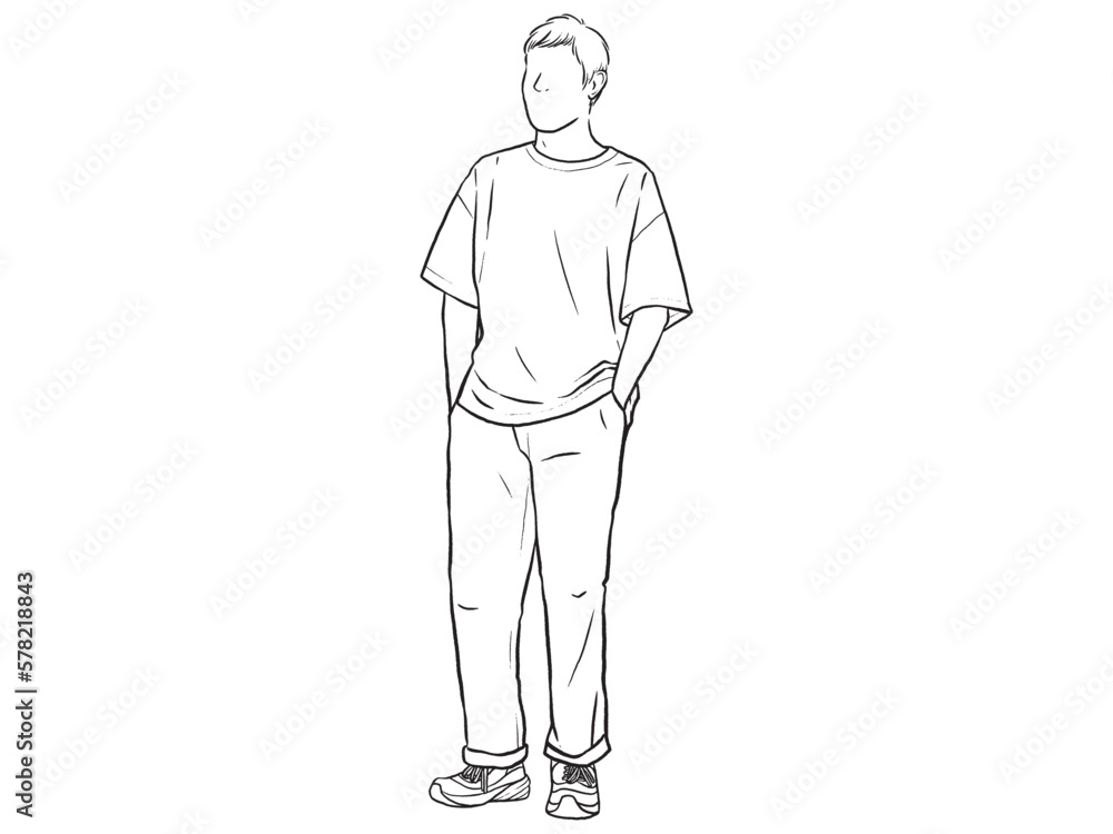 Man standing with his hands in his pants pocket line vector drawing. Minimalistic contour illustration. Man standing with his hands in his pants pocket line vector drawing. Minimalistic contour illustration.