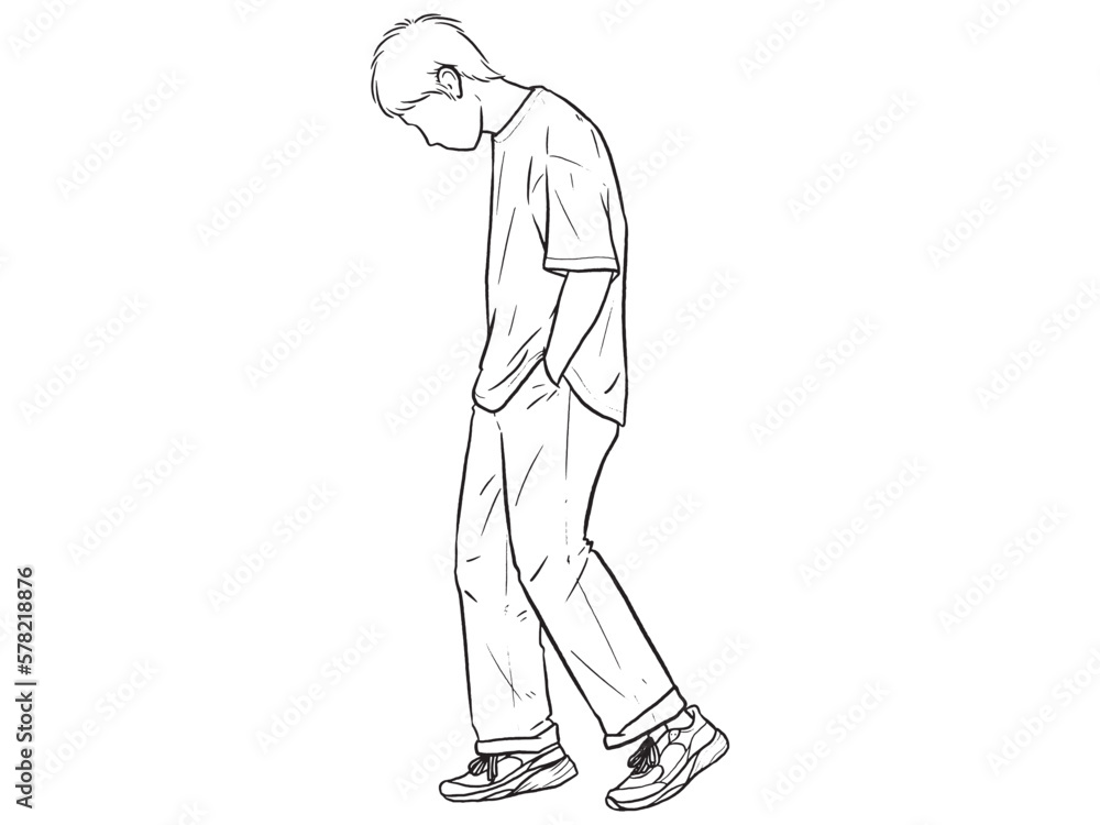 Man standing with his hands in his pants pocket line vector drawing. Minimalistic contour illustration.