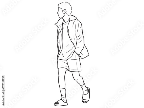Man standing with his hands in his pants pocket line vector drawing. Minimalistic contour illustration. © Natcha