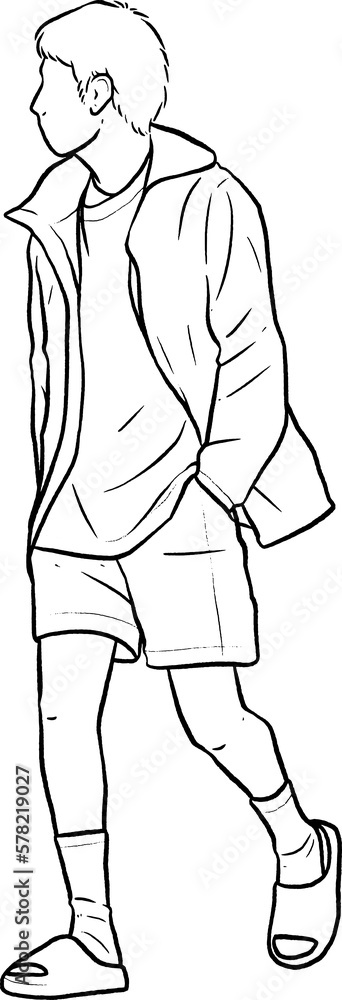 Man standing with his hands in his pants pocket line vector drawing. Minimalistic contour illustration. Man standing with his hands in his pants pocket line vector drawing. Minimalistic contour illustration.