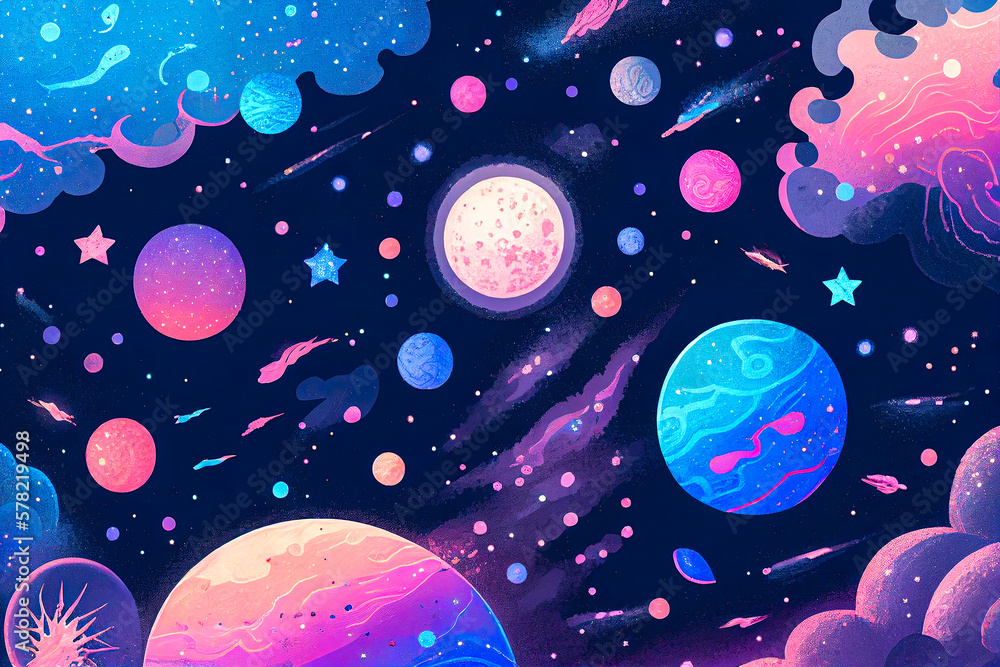 Illustrated universe pattern, universe with neon purple planets and stars on dark background, illustration for decorative paper. Generative AI. Illustrated universe pattern, universe with neon purple planets and stars on dark background, illustration for decorative paper. Generative AI.