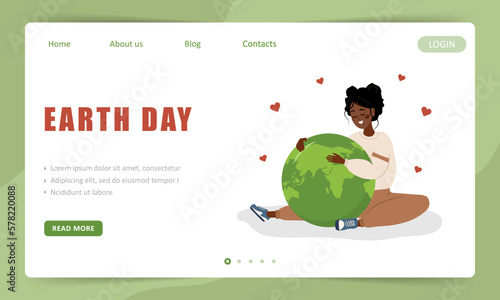 Earth day landing page template. Cute african girl hugs Planet with care and love. Perfect for web design, business presentation and marketing. Vector illustration in flat cartoon style.