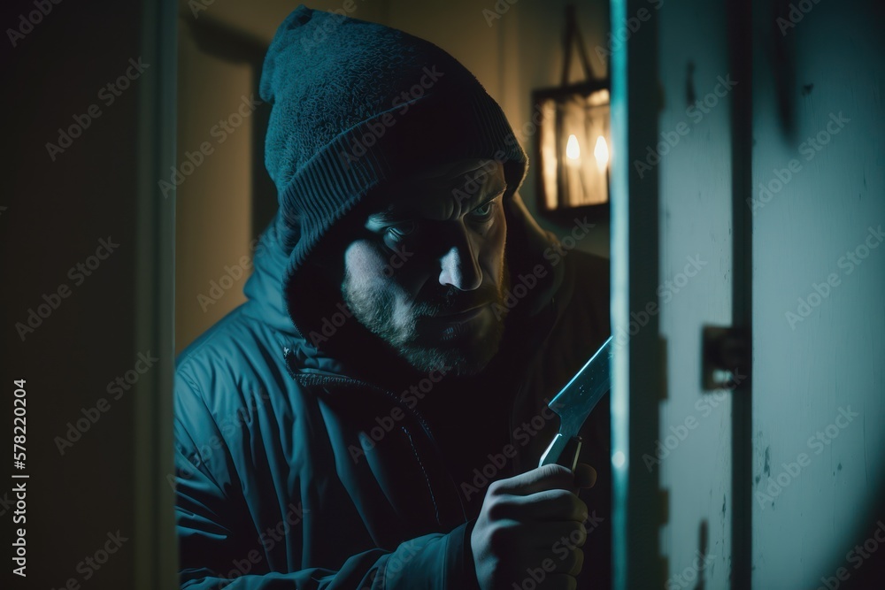 Thief in balaclava holding a crowbar to break a glass window. generative ai Thief in balaclava holding a crowbar to break a glass window. generative ai