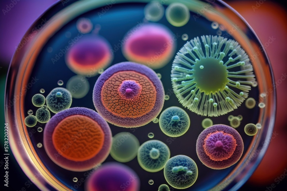 Naklejka premium Scientific macro closeup of bacteria and virus cells (Generative AI)