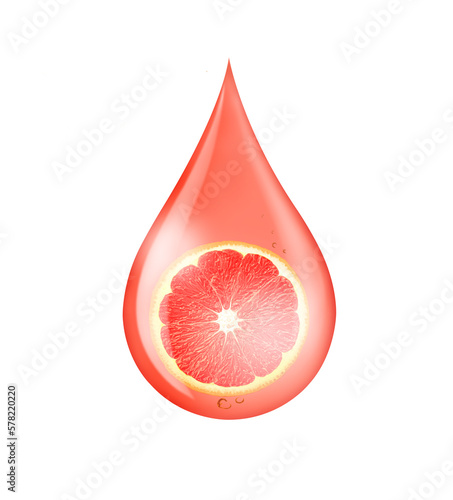 Red drop of grapefruit juice or essential oil dripping with fresh fruit inside isolated on white background.