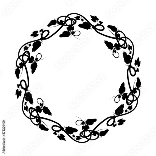 Round frame for wine or juice packaging. Bunch of grapes with leaves and tendrils. Autumn harvest. Advertising label with berry silhouette. Simple flat vector