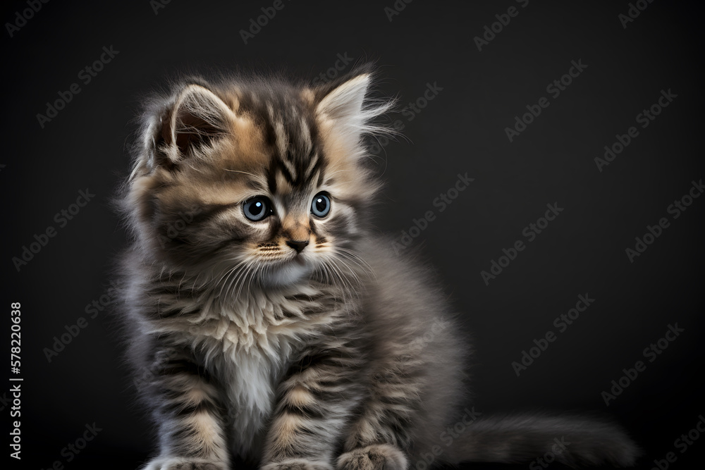 Portrait little fluffy kitten on a gray background photography made with Generative AI Portrait little fluffy kitten on a gray background photography made with Generative AI