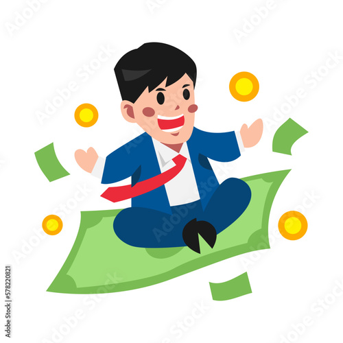 cute businessman character flying with banknotes. banknotes float like a magic rug. money icon, coins. concept of business, success, finance. flat vector illustration.