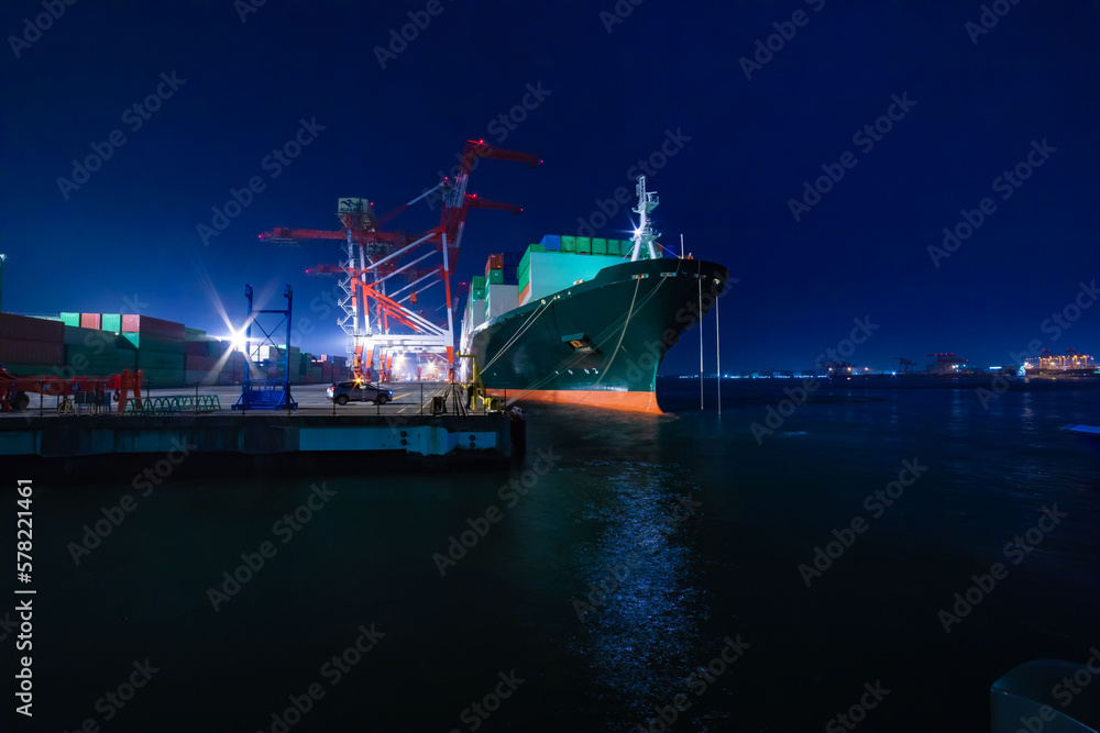 Night cranes near the container port in Tokyo wide shot