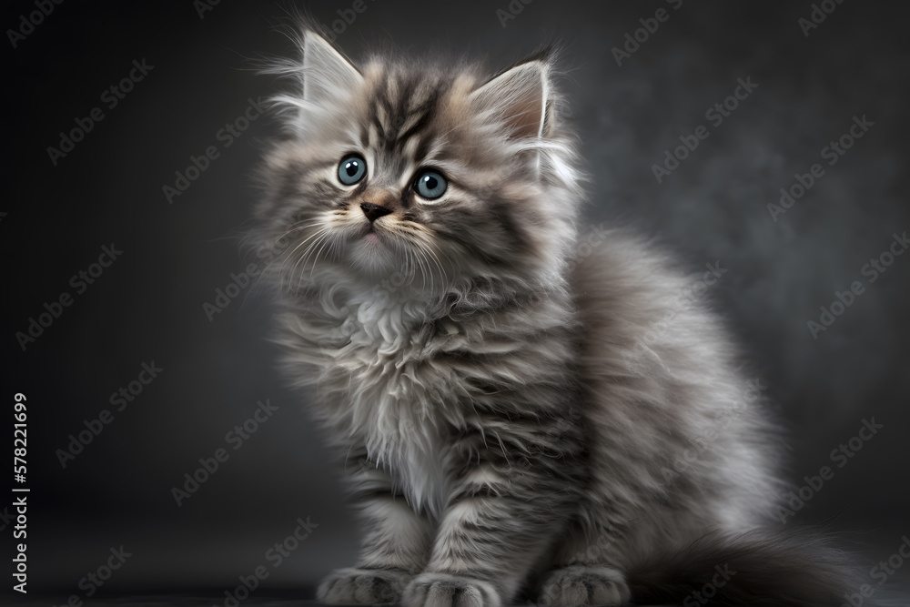 Portrait little fluffy kitten on a gray background photography made with Generative AI