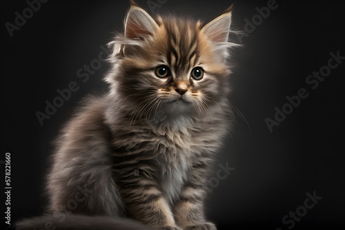 Portrait little fluffy kitten on a gray background photography made with Generative AI © yuniazizah